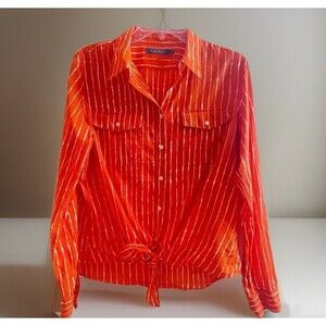 Lauren Ralph Lauren Red women's button up XL white Striped Lightweight front tie